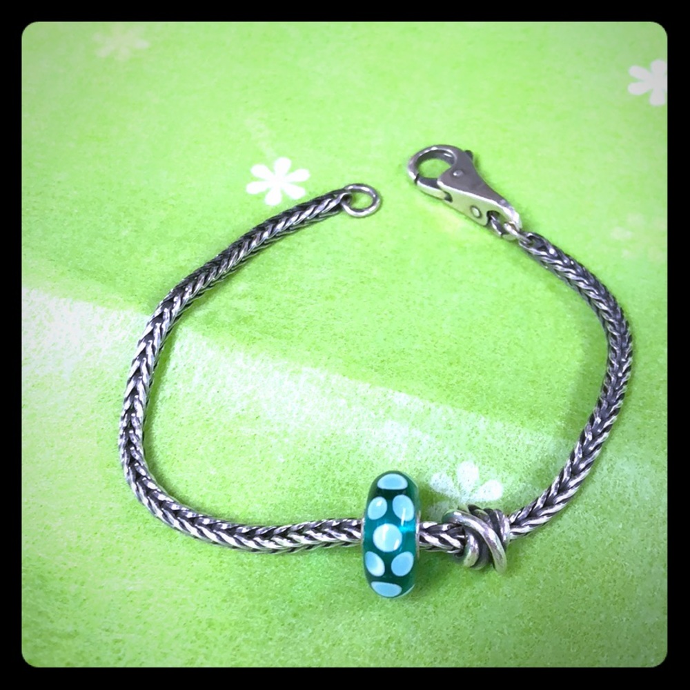 Boho Gypsy Sisters Silver Bracelet with Teal and White Polka Dot Glass Charm